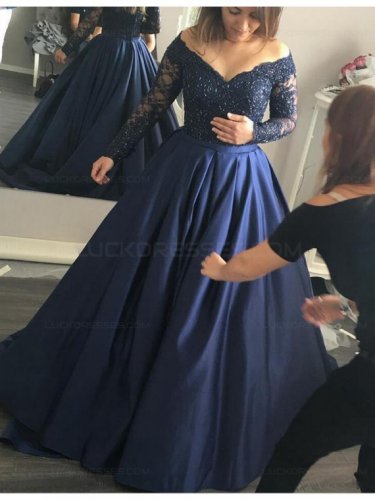 Long Sleeve Navy Off-the-Shoulder Lace Prom Dresses Party Evening Gowns E0263
