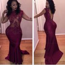 Sexy Illusion Bodice Lace Mermaid Deep V-Back Long Prom Dresses Party Evening Gowns E0391