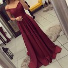 A-Line Off-the-Shoulder Long Burgundy Prom Dresses Party Evening Gowns E0435