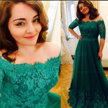 Long Green Lace Off-the-Shoulder Prom Dresses Party Evening Gowns E0438
