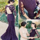 3/4 Length Sleeves Mermaid Long Purple Lace Prom Dresses Party Evening Gowns E0464