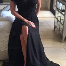 Long Black Illusion Neckline Lace Chiffon Prom Dresses Party Evening Gowns E0481
