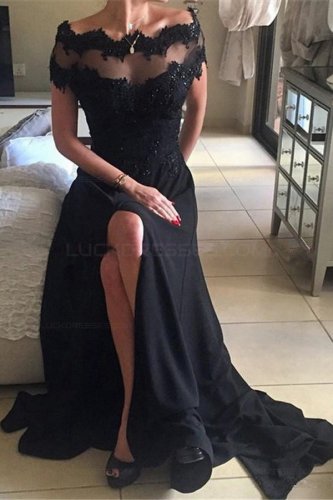 Long Black Illusion Neckline Lace Chiffon Prom Dresses Party Evening Gowns E0481