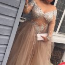 Long Sleeves V-Neck Beaded Plus Size Prom Dresses Party Evening Gowns E0547