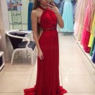 Long Red Halter Pleated Chiffon Prom Party Dresses E0558