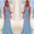 Long Blue V-Neck Lace Prom Evening Dresses E0609
