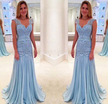 Long Blue V-Neck Lace Prom Evening Dresses E0609