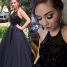Long Black Beaded Halter Prom Evening Party Dresses E0610