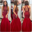 Mermaid Beaded Long Red Prom Evening Party Dresses E0613