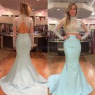 Long Sleeves Two Pieces Mermaid Beaded Lace Prom Evening Party Dresses E0621