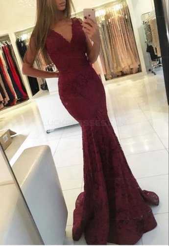 Mermaid V-Neck Lace Long Prom Evening Party Dresses E0633
