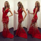 Sexy Mermaid Long Red V-Neck Lace Prom Evening Party Dresses E0643