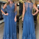 Long Blue Beaded Lace Appliques Prom Evening Party Dresses E0662