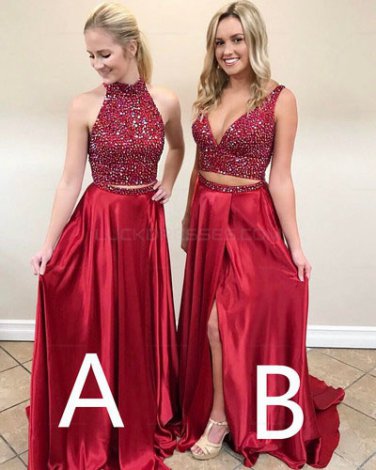 Long Red Beaded Prom Evening Party Dresses E0673