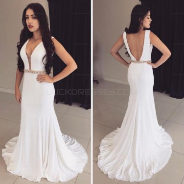 Long White Mermaid Beaded Prom Evening Party Dresses E0682