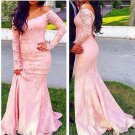 Mermaid Long Sleeves Pink Off-the-Shoulder Lace Prom Evening Party Dresses E0716