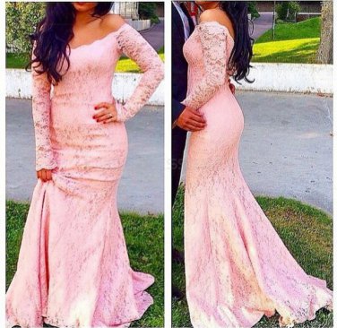Mermaid Long Sleeves Pink Off-the-Shoulder Lace Prom Evening Party Dresses E0716