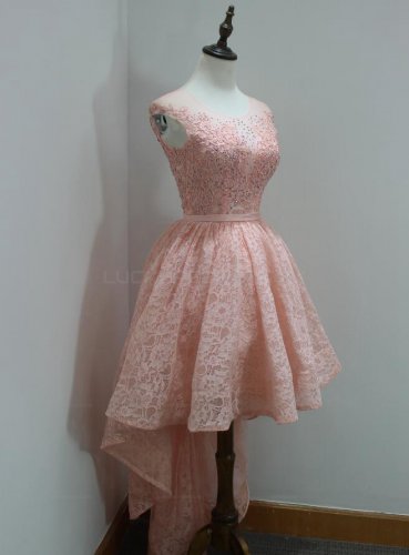 High Low Short Pink Beaded Lace Prom Homecoming Graduation Party Dresses E0719