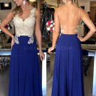 Long Blue White Lace Chiffon Prom Evening Party Dresses E0722