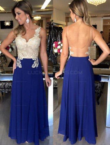 Long Blue White Lace Chiffon Prom Evening Party Dresses E0722