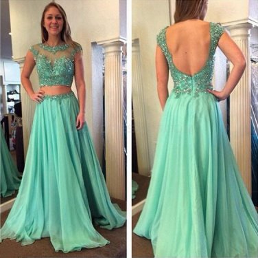 Beaded Lace Appliques and Chiffon Long Prom Evening Party Dresses E0723