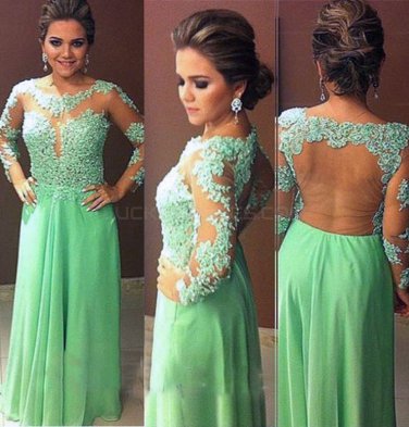 Long Sleeves Lace Appliques and Chiffon Prom Evening Party Dresses E0724