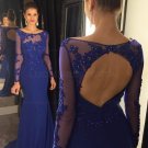Mermaid Long Sleeves Blue Keyhole Back Lace Prom Evening Formal Dresses E0037
