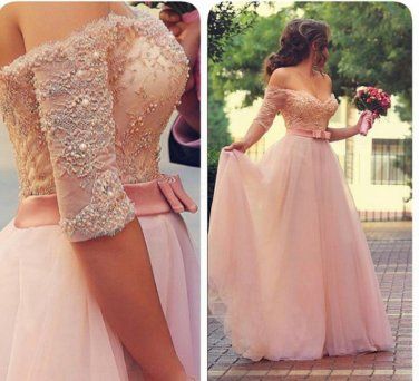 A-Line Off-the-Shoulder Half Sleeves Long Pink Lace Chiffon Prom Evening Formal Dresses E0038
