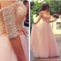 A-Line Off-the-Shoulder Half Sleeves Long Pink Lace Chiffon Prom Evening Formal Dresses E0038