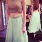 Two Pieces Beaded High Neck Long Prom Evening Formal Dresses E0019