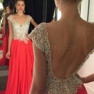 Long Beaded Chiffon Backless Prom Evening Formal Dresses E0048