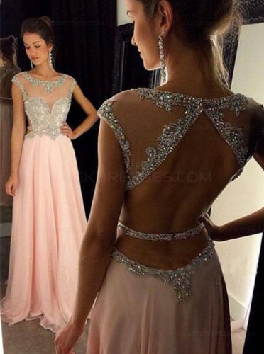 Long Pink Beaded Chiffon Prom Evening Formal Dresses E0049