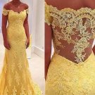 Off-the-Shoulder Lace Long Yellow Prom Evening Formal Dresses E0061