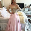 Long Sleeves Off-the-Shoulder Gold Beaded Lace Pink Prom Evening Formal Dresses E0075