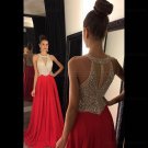 Beaded Long Red Chiffon Prom Evening Formal Dresses E0078