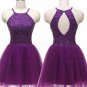 A-Line Short Beaded Purple Prom Evening Bridesmaid Cocktail Homecoming Dresses E0090