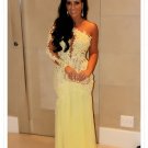 One Sleeve Long Yellow Lace Appliques See Through Prom Evening Formal Dresses E0100