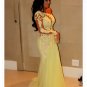 One Sleeve Long Yellow Lace Appliques See Through Prom Evening Formal Dresses E0100