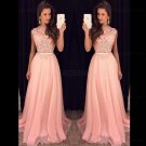 A-Line Long Pink Lace Chiffon Prom Evening Formal Dresses E0112
