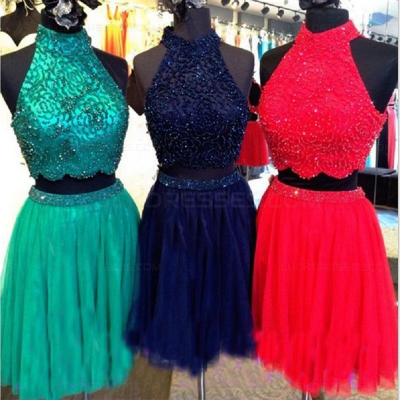 Beaded Two Pieces High Neck Short Prom Evening Cocktail Homecoming ...