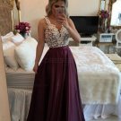 A-Line Straps Sleeveless See Through Back Lace Long Prom Evening Formal Dresses E0131