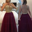 Gold Purple Beaded Appliques Top See Through Back Long Prom Evening Formal Dresses E0158