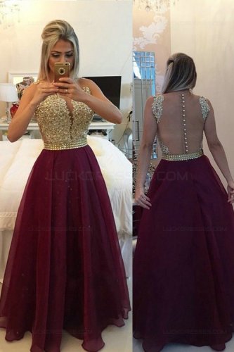Gold Purple Beaded Appliques Top See Through Back Long Prom Evening Formal Dresses E0158
