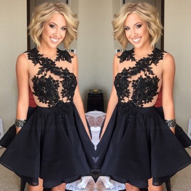 Black Lace Appliques Short Homecoming Cocktail Prom Evening Dresses E0166