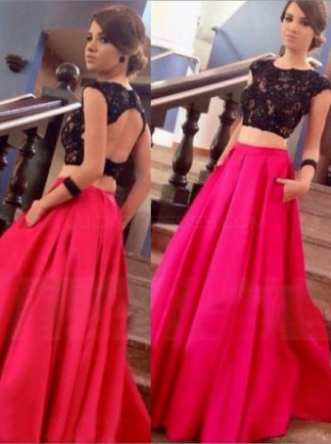Two Pieces Black Lace Top Long Prom Evening Formal Dresses E0168