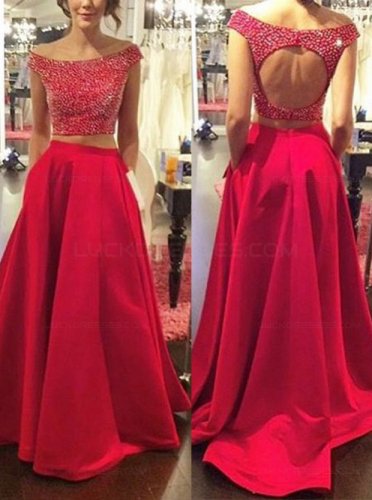 Two Pieces Off-the-Shoulder Red Beaded Long Prom Evening Formal Dresses E0175