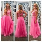 Two Pieces Lace Top Long Pink Prom Evening Formal Dresses E0185