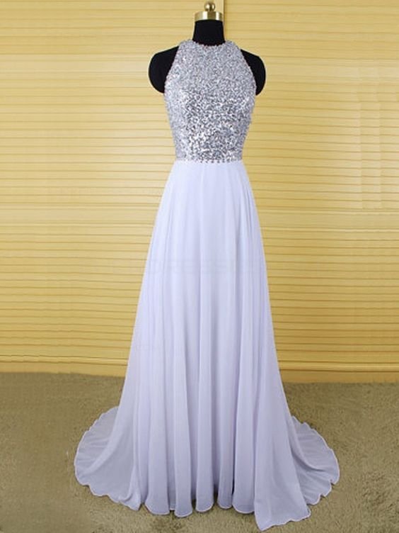 A Line Sequins Top Chiffon Long Prom Evening Formal Dresses E0188