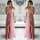 Two Piece Prom Dresses Lace Off-the-Shoulder Short Sleeves High Slit Sexy Evening Gowns E0192