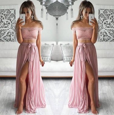 Two Piece Prom Dresses Lace Off-the-Shoulder Short Sleeves High Slit Sexy Evening Gowns E0192